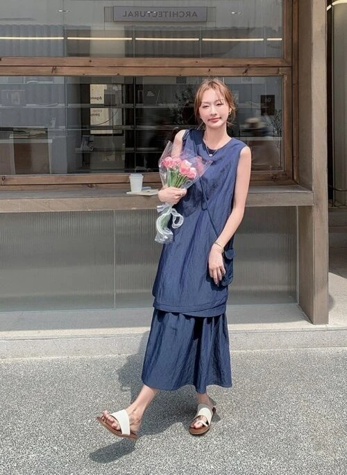 Elegant Navy Layered Casual Design Maxi Dress