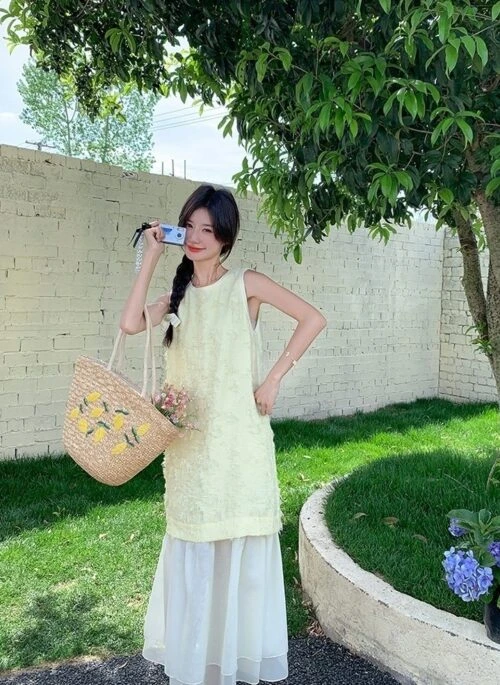 Elegant Sleeveless Layered Style Casual Dress