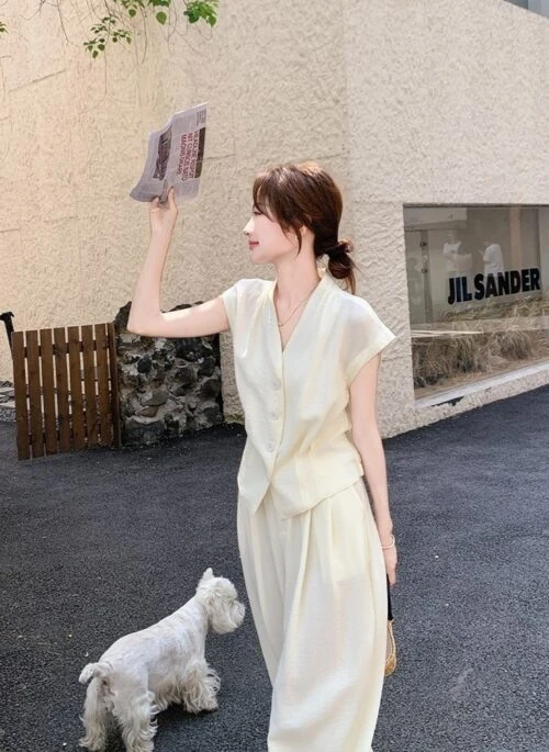 Elegant Sleeveless Vest And Wide Leg Pants Set