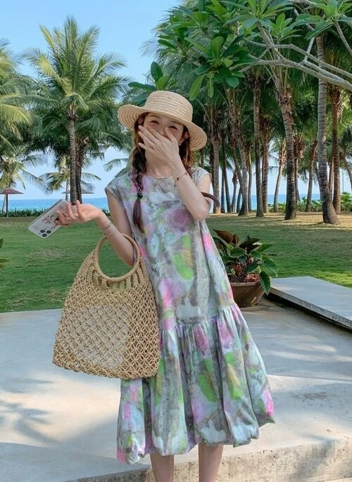 Elegant Watercolor Floral Sleeveless Vacation Dress