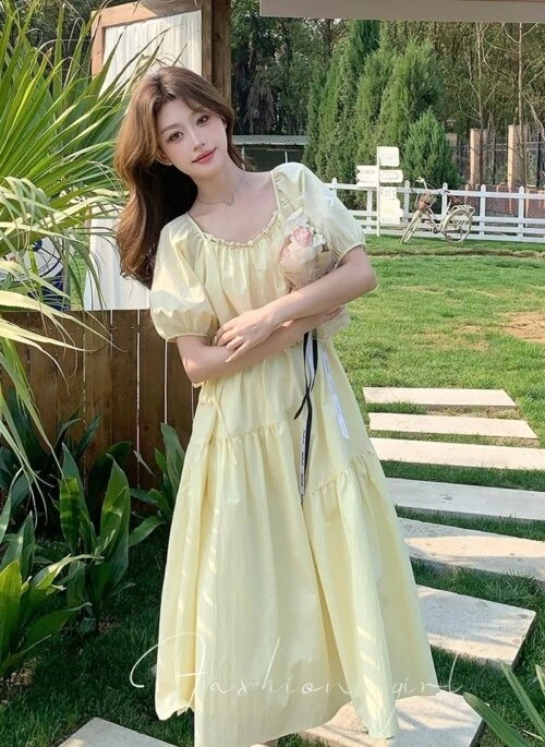 Elegant Yellow Puff Sleeve Maxi Dress