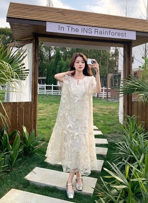Embroidered Lace Design Casual Midi Dress