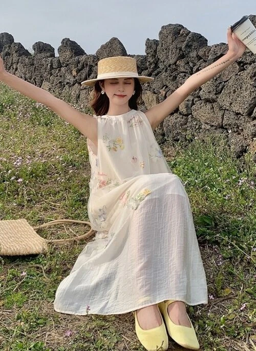 Embroidered Mesh Floral Halter Neck Vacation Dress