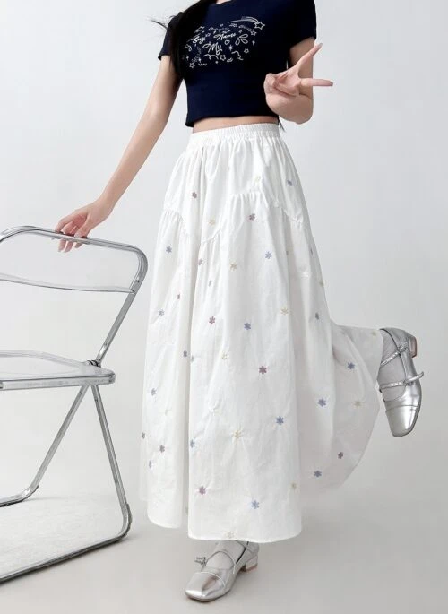 Floral Embroidered White A Line Midi Skirt