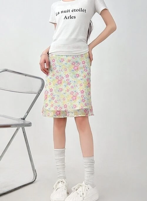Floral Mesh A Line Slim Fit Midi Skirt