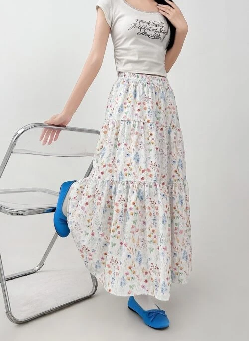 Floral Ruffle High Waist A Line Skirt