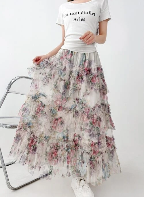 Floral Ruffle Mesh A Line Midi Skirt