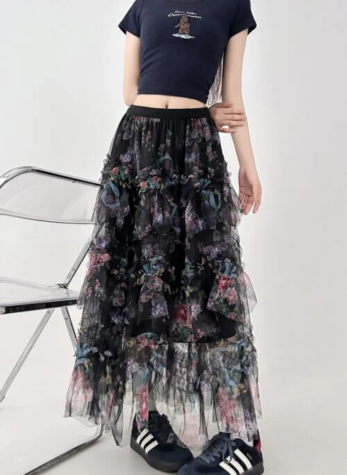 Floral Ruffle Mesh Layered Midi Skirt