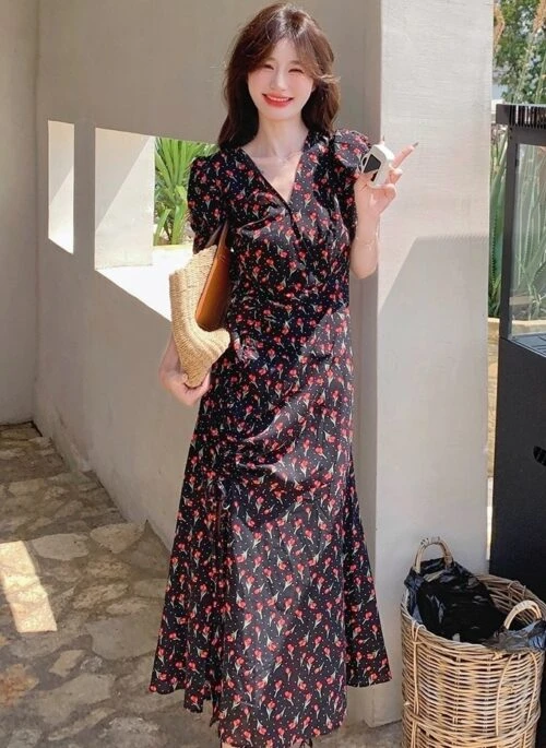 Floral Split Midi Dress With Vneck
