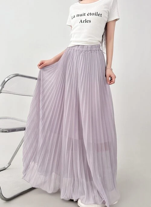 Flowy Purple Chiffon Pleated High Waist Maxi Skirt