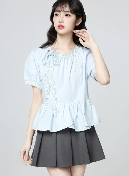 French Blue Lace Puff Sleeve Tie Blouse