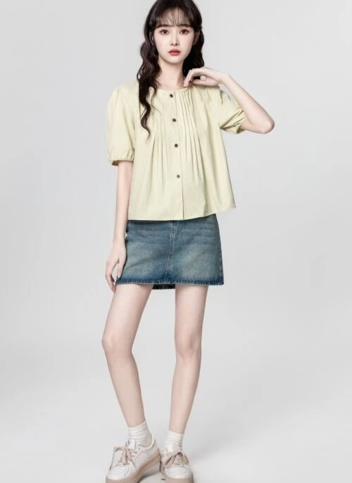 French Puff Sleeve Short Sleeve Loose Blouse