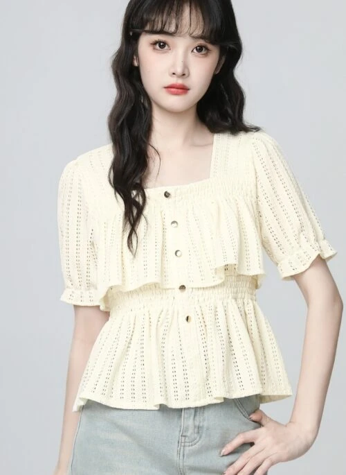 French Ruffle Square Neck Puff Sleeve Blouse