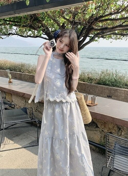 French Striped Embroidered Fashion Vest Skirt Set