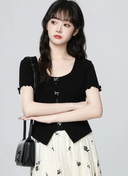 French Style Black Square Neck Short Sleeve Top