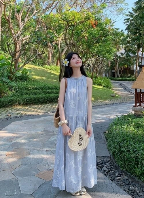 CHICWISH Women Short Bubble Sleeves Cotton Maxi Dress Flower