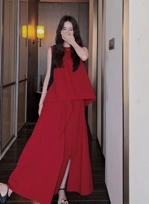 French Style Irregular Vest And Split Skirt Set