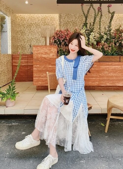 French Style Lace Patchwork Vacation Maxi Dress