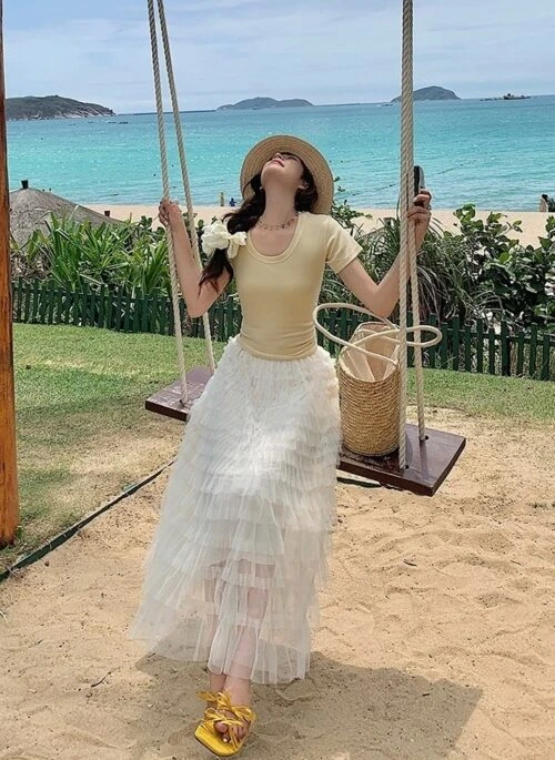 French Style Mesh Panel Skirt And Hollow Top Set