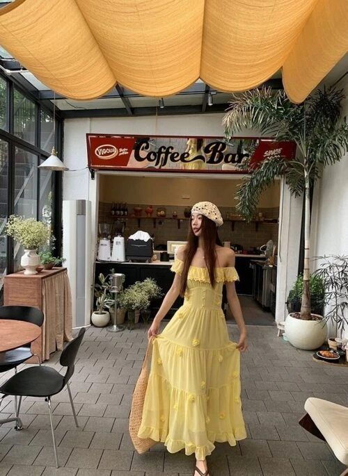 French Style Off Shoulder Yellow Long Dress