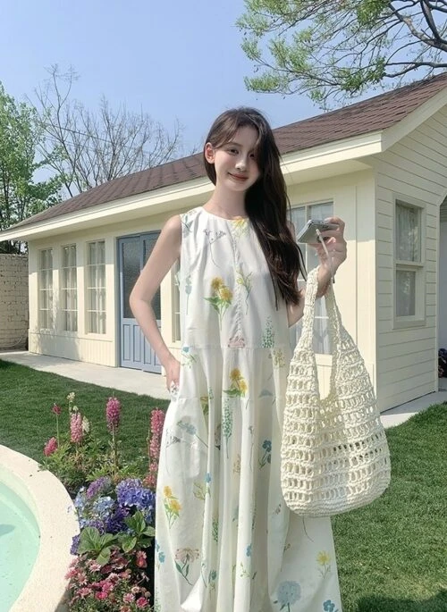 French Style Playful Printed Casual Sweetheart Dress