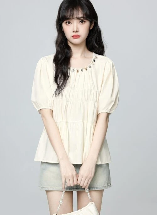 French Style Puff Sleeve Ruched Short Sleeve Blouse