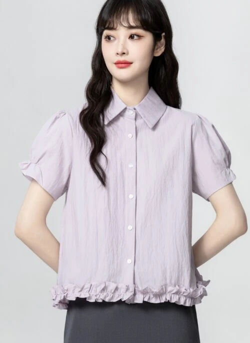 French Style Puff Sleeve Ruffled Polo Shirt