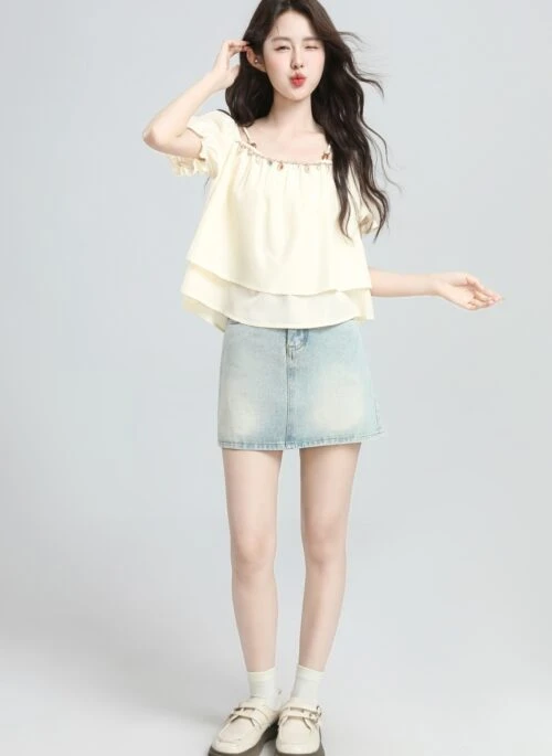 French Style Puff Sleeve Short Blouse