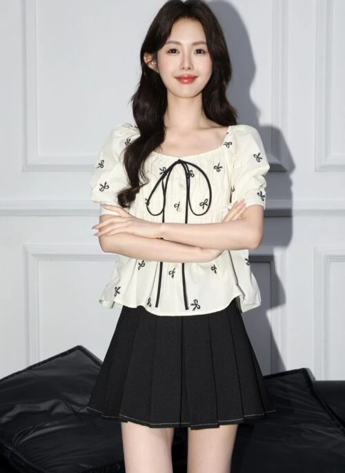 French Style Puff Sleeve Short Sleeve Blouse