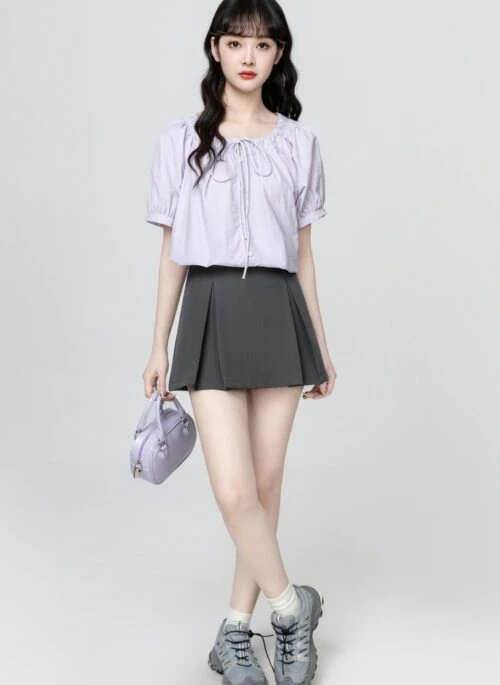 French Style Purple Puff Sleeve Bow Tie Blouse