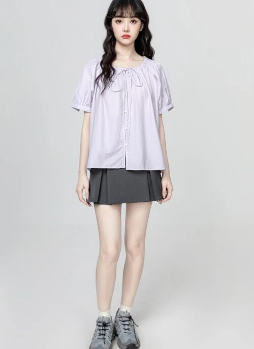 French Style Purple Puff Sleeve Short Sleeve Shirt