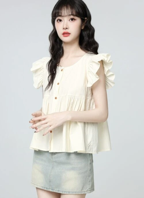 French Style Sleeveless Ruffle Blouse Summer Top