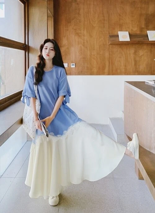 French Style Sweet Patchwork Vacation Flowy Dress