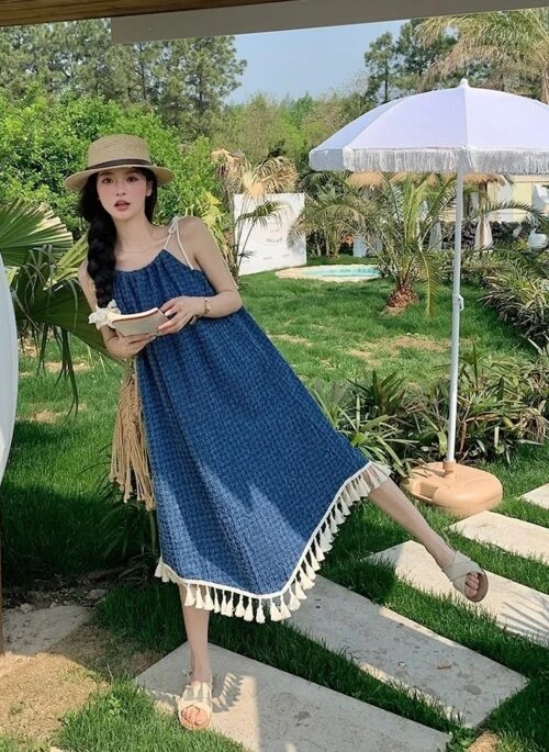 French Style Textured Fringe Vacation Sundress