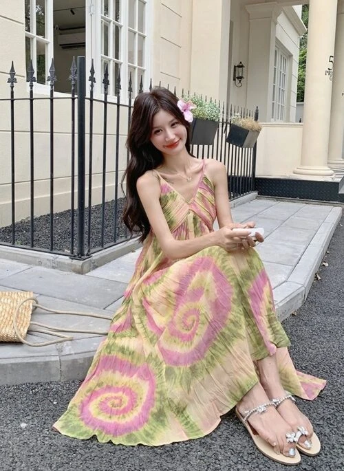 French Style Tie Dye Floral V Neck Maxi Dress