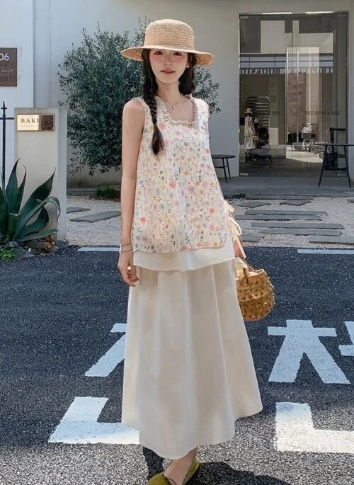 French Sweet Floral Vest Two Piece Set
