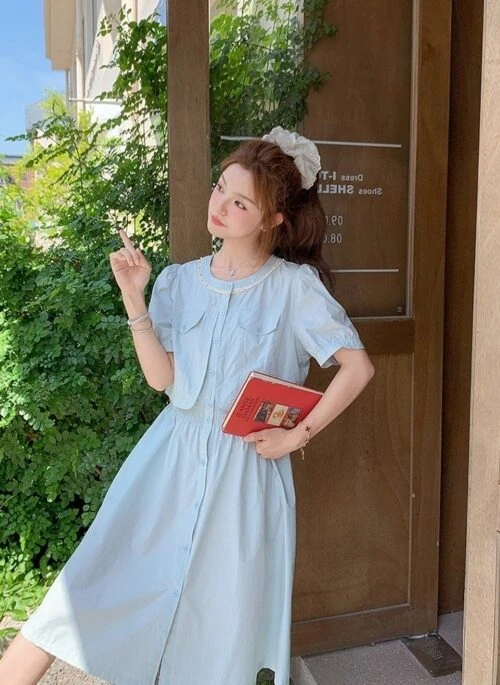 Fresh Blue Shirt Dress Korean Style Summer Fashion