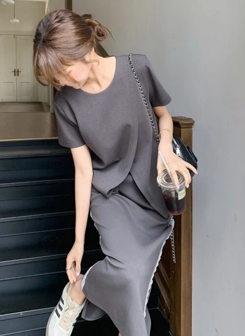 Gray Chic Casual Asymmetrical Top Skirt Set