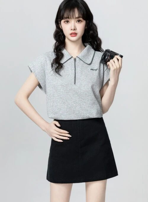 Gray Half Zip Polo Collar Casual Short Sleeve Top
