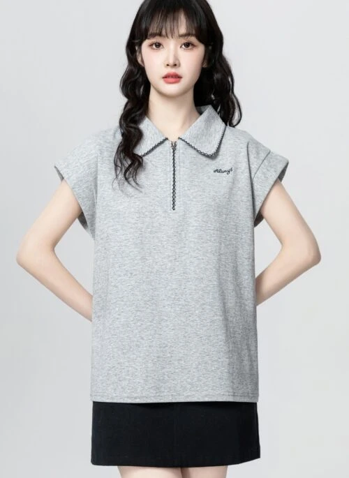 Gray Half Zip Short Sleeve Polo Shirt