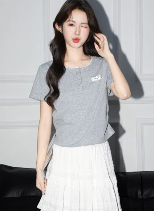 Gray Ruched Lace Trim Short Sleeve Top