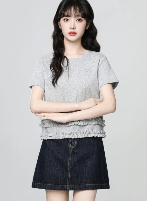 Gray Ruffle Trim Short Sleeve Patchwork Top