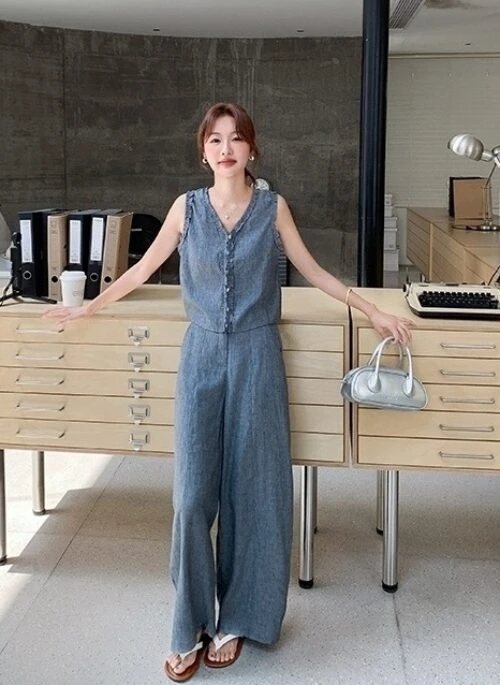 Gray Slim Fit Vest Wide Leg Pants Fashion Set