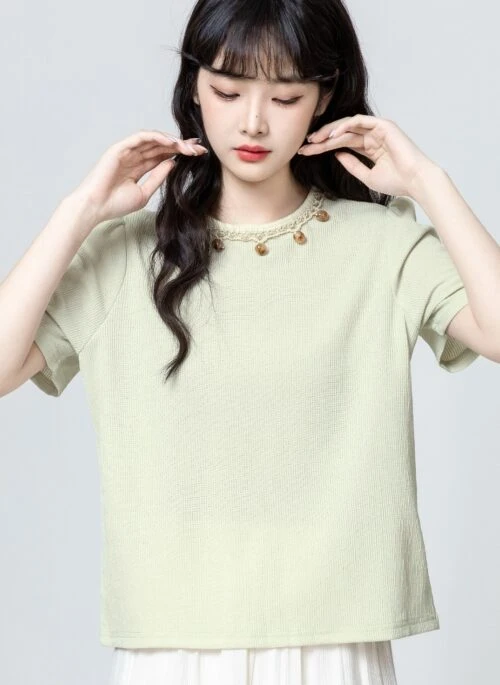 Green Beaded Crew Neck Short Sleeve Top