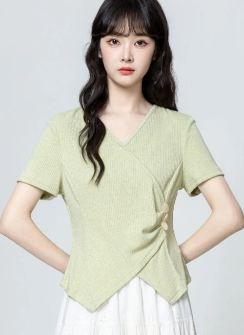 Green Vneck Irregular Hem Short Sleeve Top