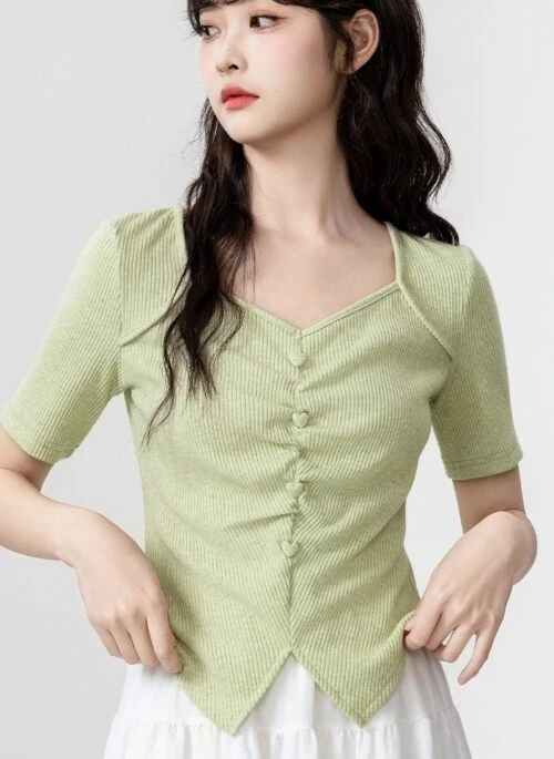 Green Vneck Short Sleeve Irregular Waist Tee