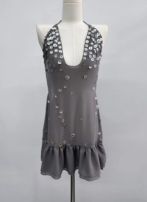Grey Button Accent Halter Neck Dress | Jennie – BlackPink