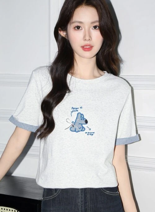 Grey Cartoon Embroidered Patchwork Crewneck T Shirt