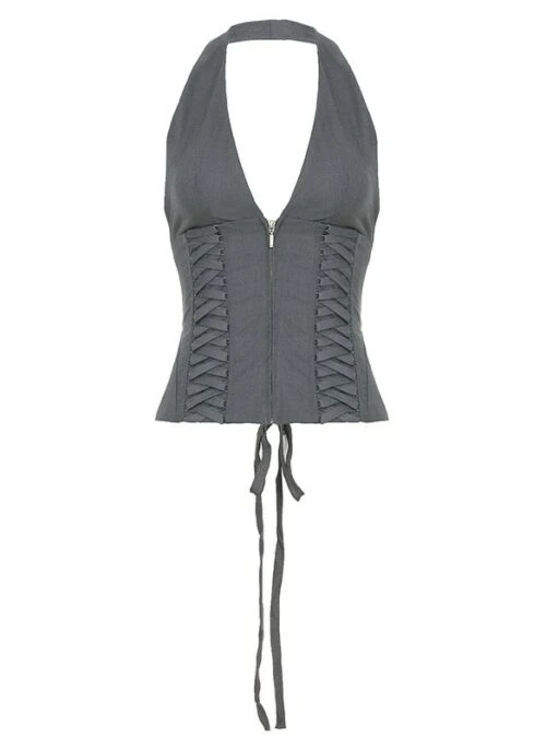 Grey Deep V-Neck Lace-Up Vest | Seulgi - Red Velvet