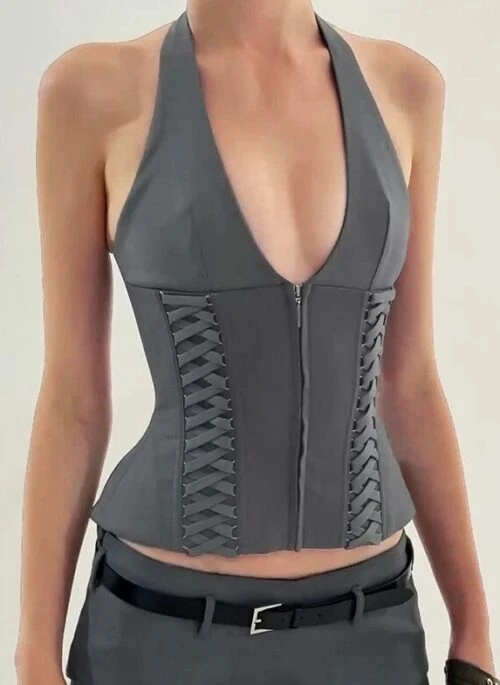 Grey Double Lace-Up Halter Top | Seulgi – Red velvet